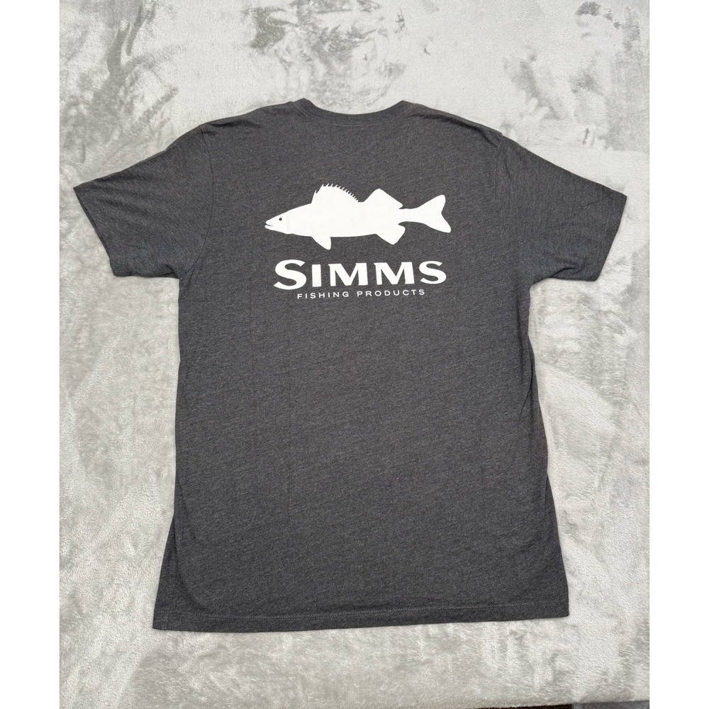 Simms T-Shirt Mens Medium Gray White Logo Fishing Graphic Short Sleeve Tee Light